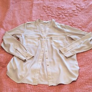 Calvin Klein Cream Long Sleeve Button Down Shirt With Gold Accents